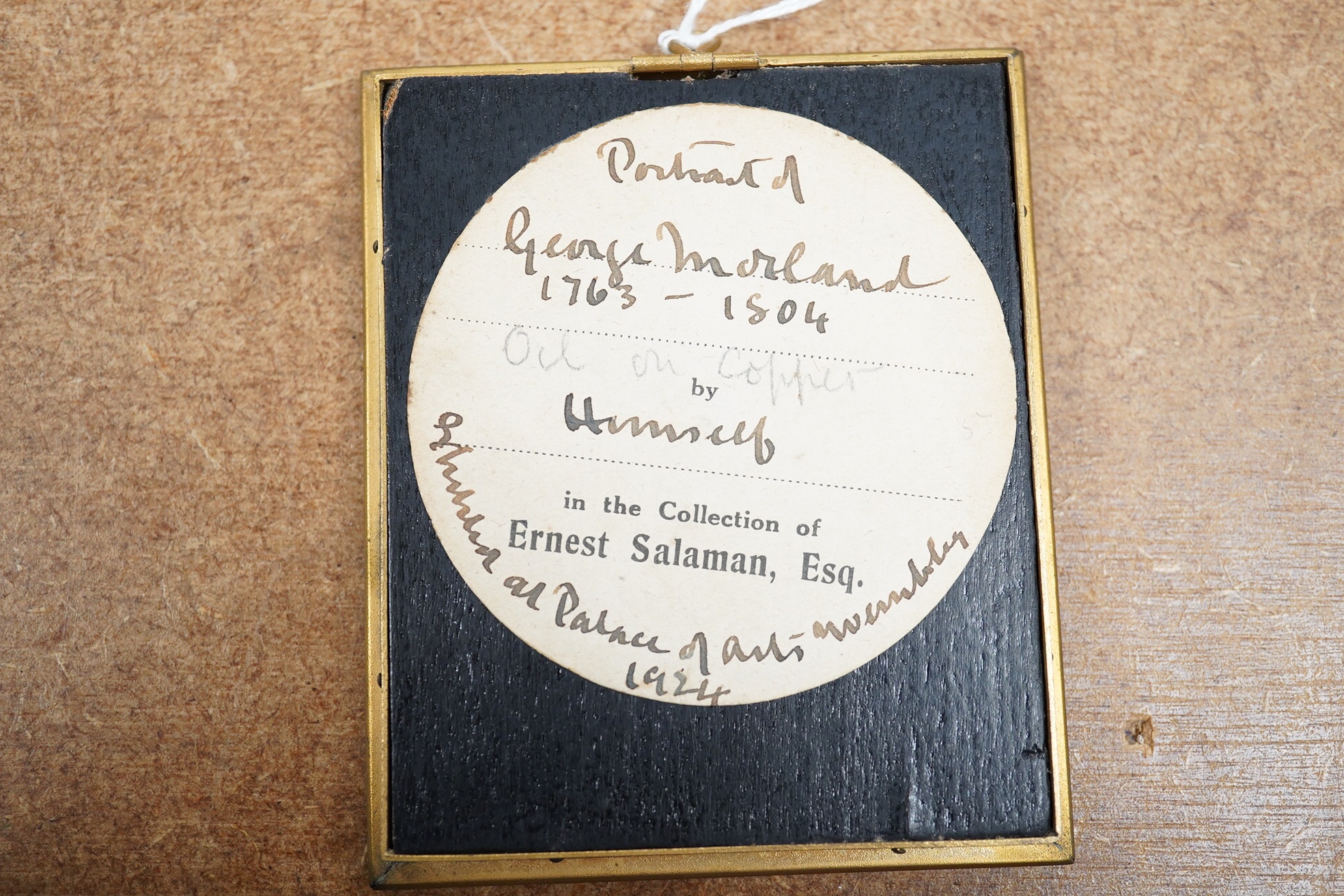 A late 19th / early 20th century, oil on copper, Portrait miniature of George Morland (1763-1804), Ernest Salaman inscribed collection label verso, 8 x 6cm. Condition - fair